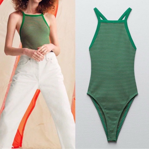 Zara Racerback Green Pink Stripe Bodysuit - Picture 1 of 9